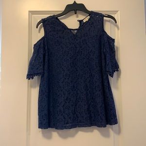 Blue lace, cut out shoulders blouse